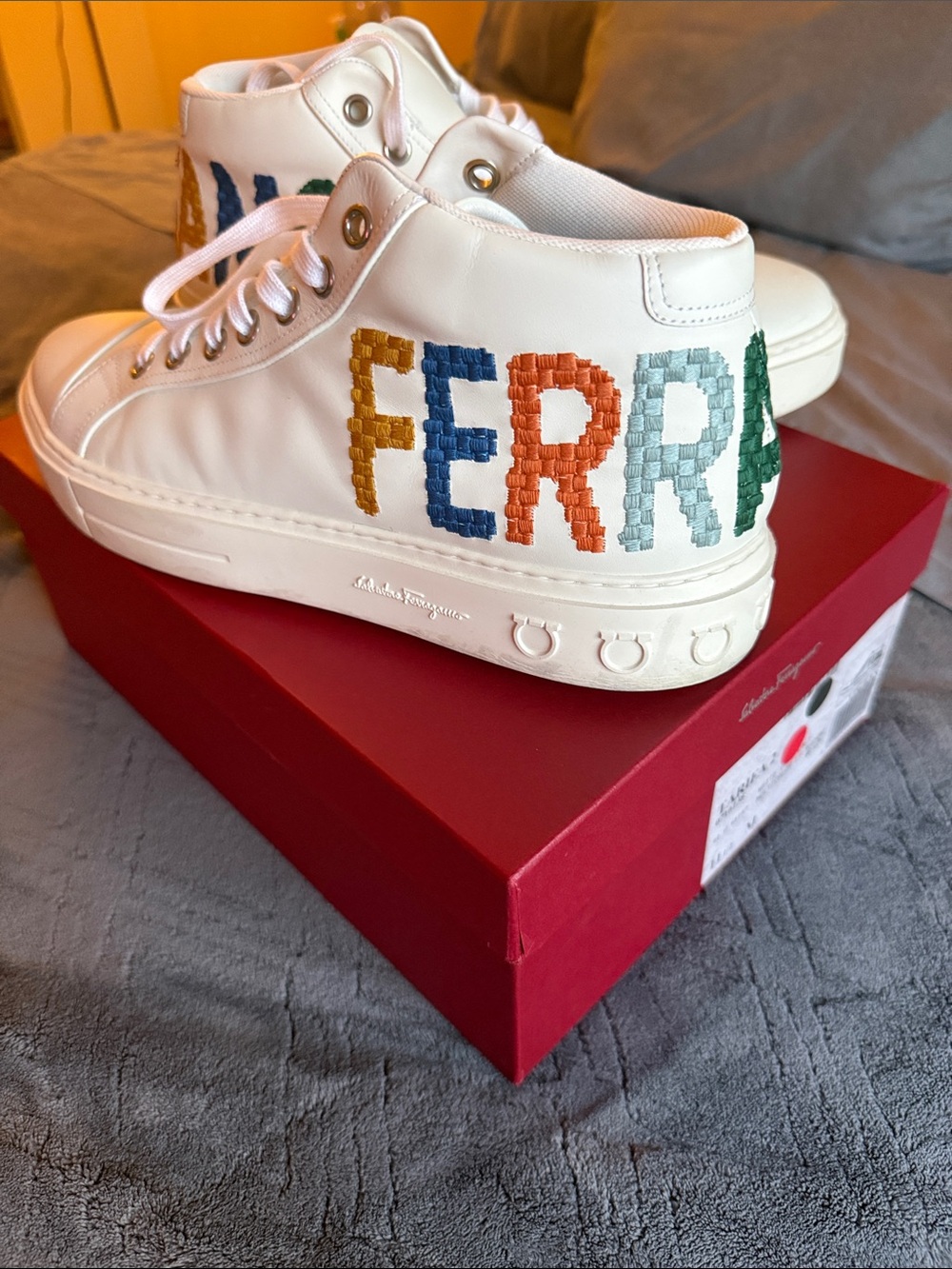 Salvatore Ferragamo White Leather High-Top Sneakers with Multicolor Embroidery